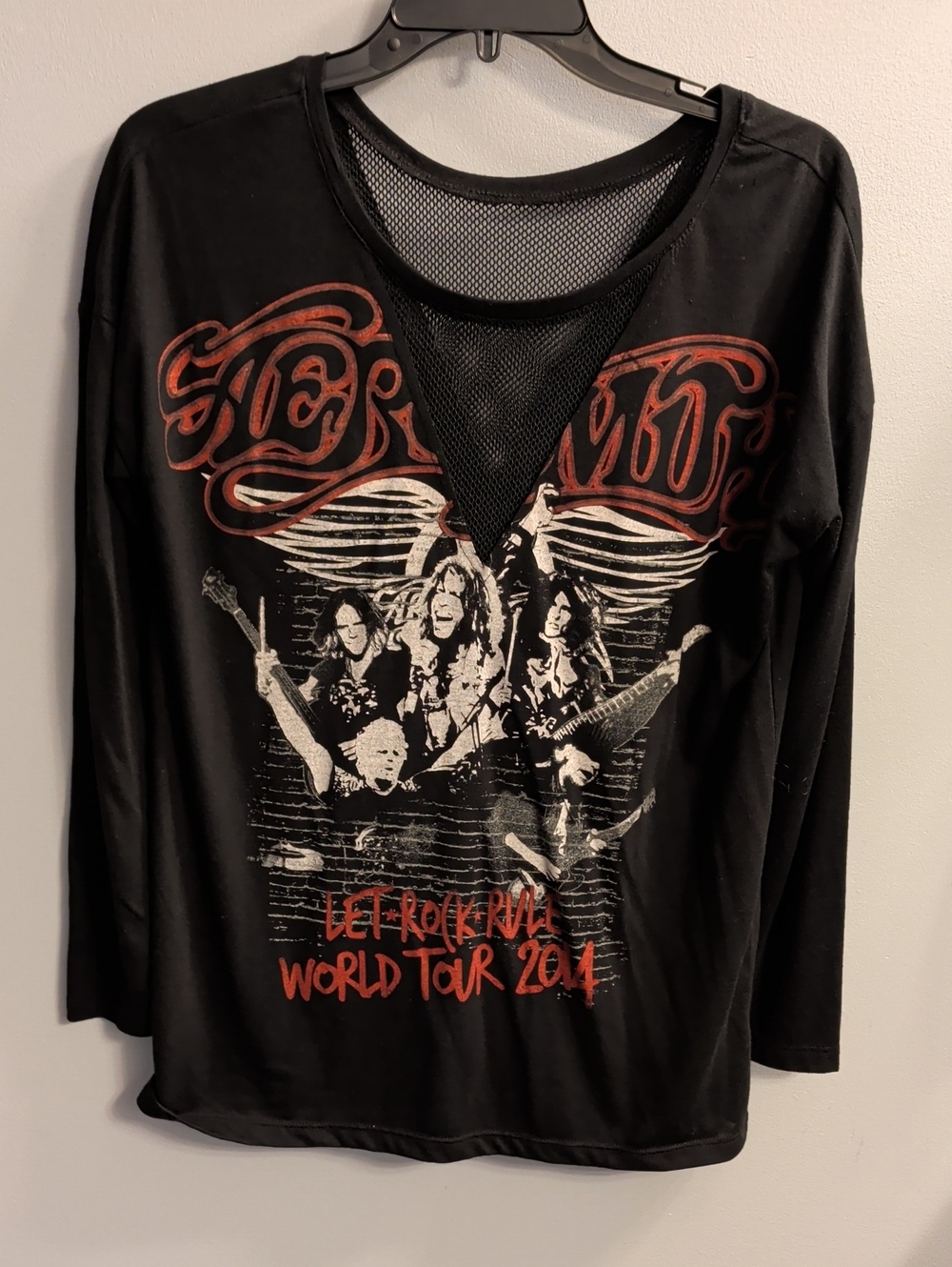 Aerosmith Rag Doll Merch Black Long Sleeve Graphic Band Tee with Mesh V-Inset